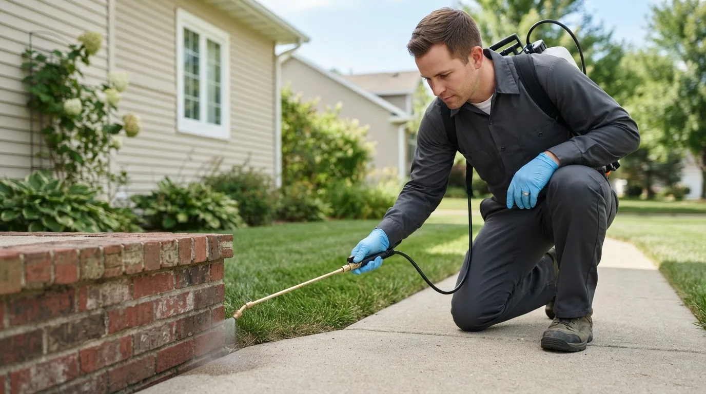 Pest control technician treating a home near South Walpole, MA
